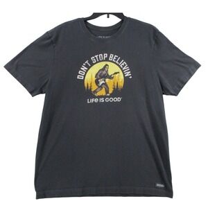 Life is Good Men Crusher Tee L Charcoal Bigfoot Guitar Don't Stop Believin Shirt
